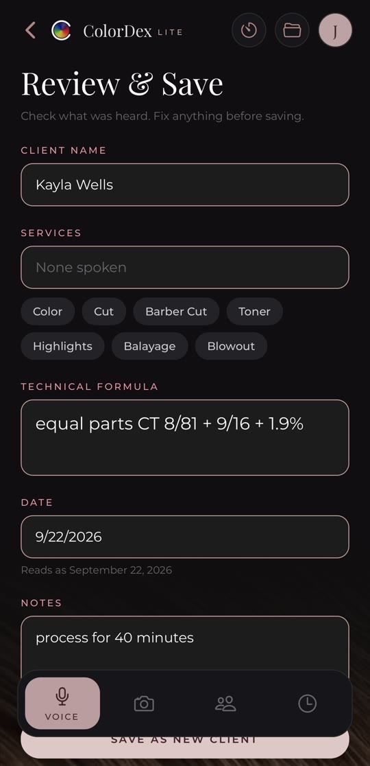 The Review and Save screen showing a client name, formula, date and notes