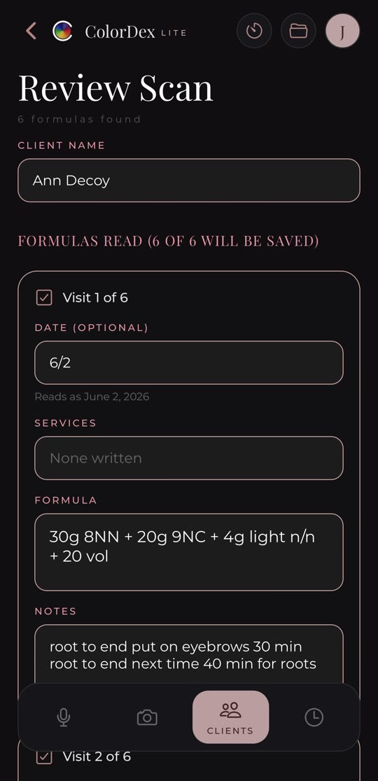 The Review Scan screen showing six visits read from one photographed page