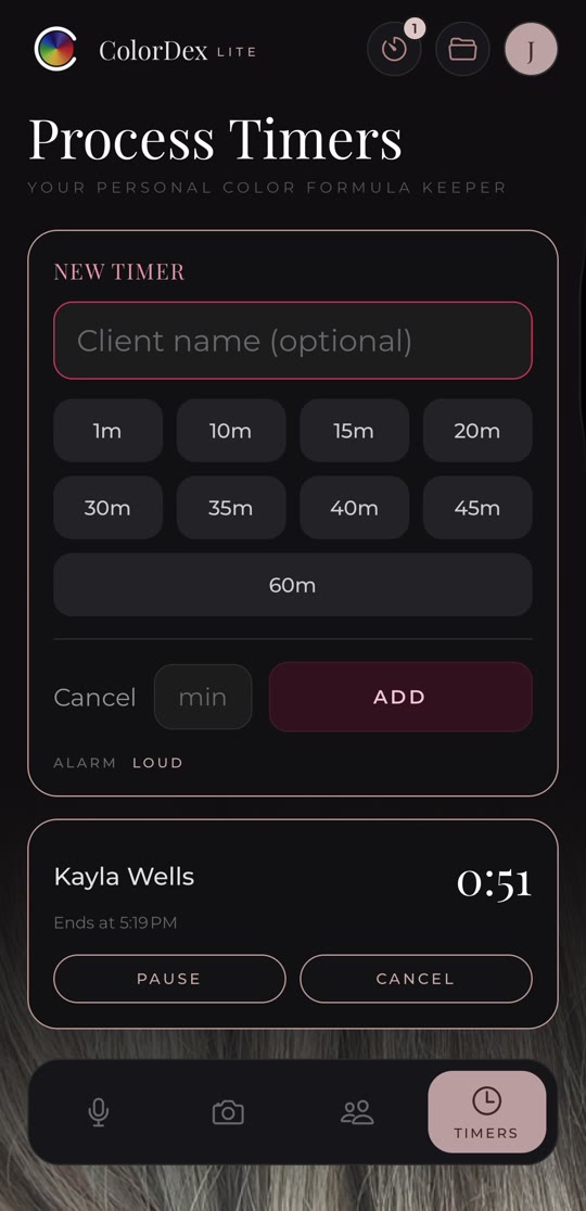 The Process Timers screen with a timer running for a client